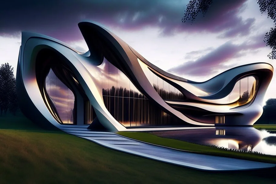 Hyperrealistic photography of a modern country house, ultra warm, incredible work of art, vista exterior, estilo Zaha Hadid