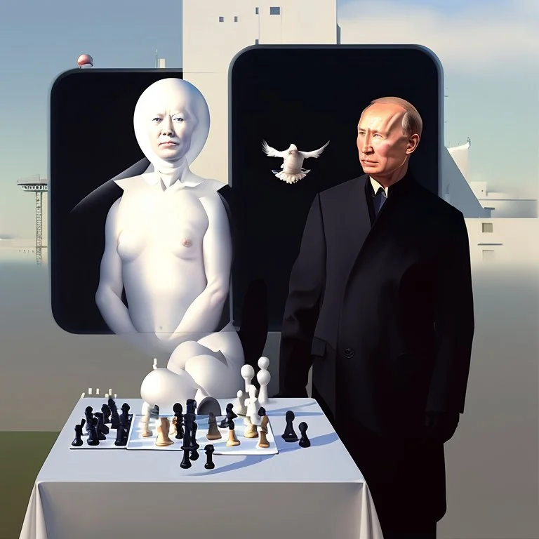 Putin, President Xi Of China And Joe Biden Play Chess With A Pigeon,Ufo And Atomic Bomb Mushroom Cloud,Complex Surgical Instruments Intermixed With A Newborn Boy,Minimalism,Painting By Adrian Ghenie,Rene Magritte,Pablo Picasso,Michelangelo,Salvador Dali,Lucian Freud