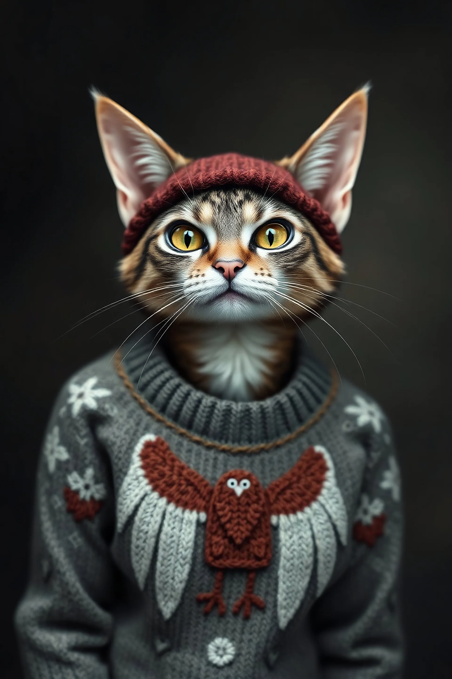 cat gremlin woman wearing a bird sweater