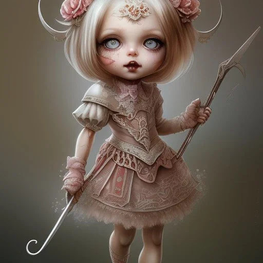  cute dolly, blood, scythe, intricate detail , watercolor,