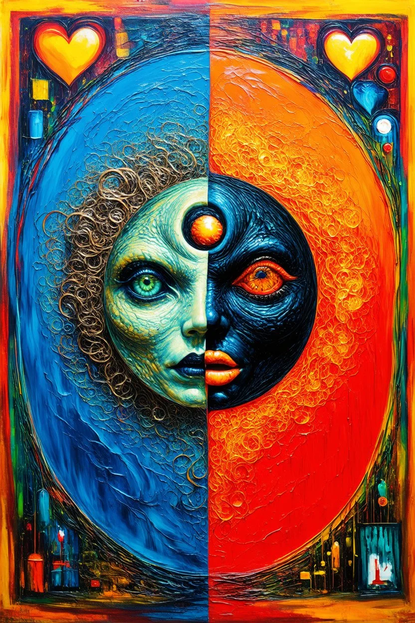 Love vs. Fear is a yin/yang contrasting artwork with one half in the style of Giger and the other a colorful blend of Klimt and Kandinsky