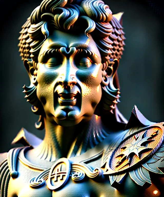 Gran angular, Realistic image, roman sculpture, marble material, Lionel Messi with Laurel wreath model, miguel angel style, God light, god rays, 4k resolution, perfect details, ornate details, soft lighting, unreal engine 5, soft cyan background.