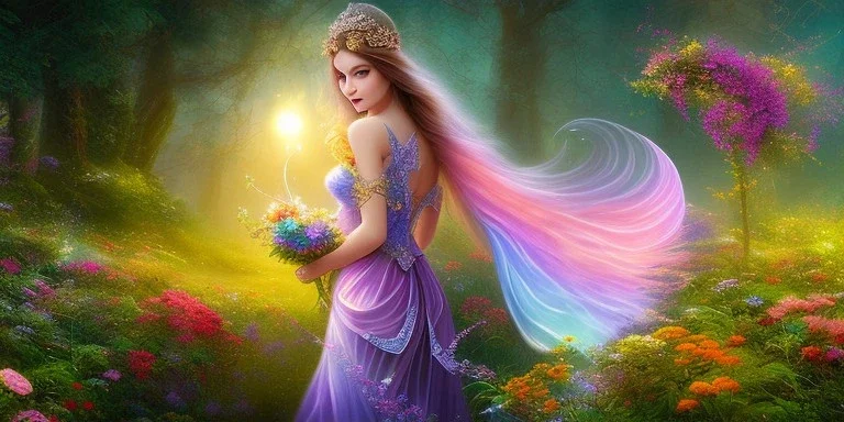 bright fairy, beautiful portrait, flowery landscape