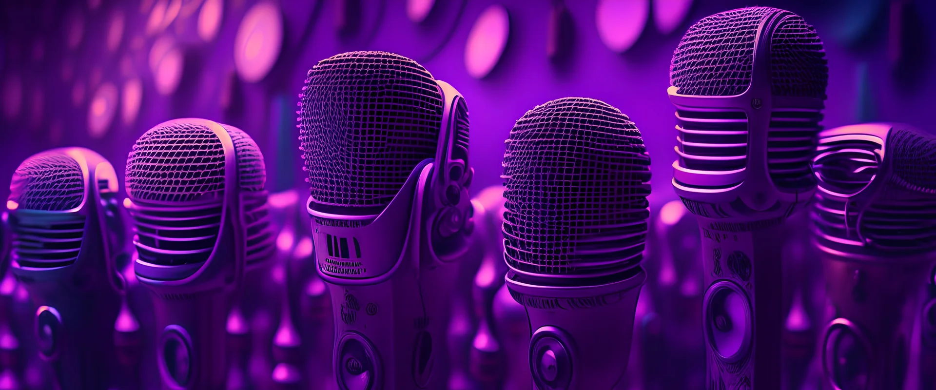 an array of a huge old school microphones, purple tones, dreamy, psychedelic, 4k, sharp focus
