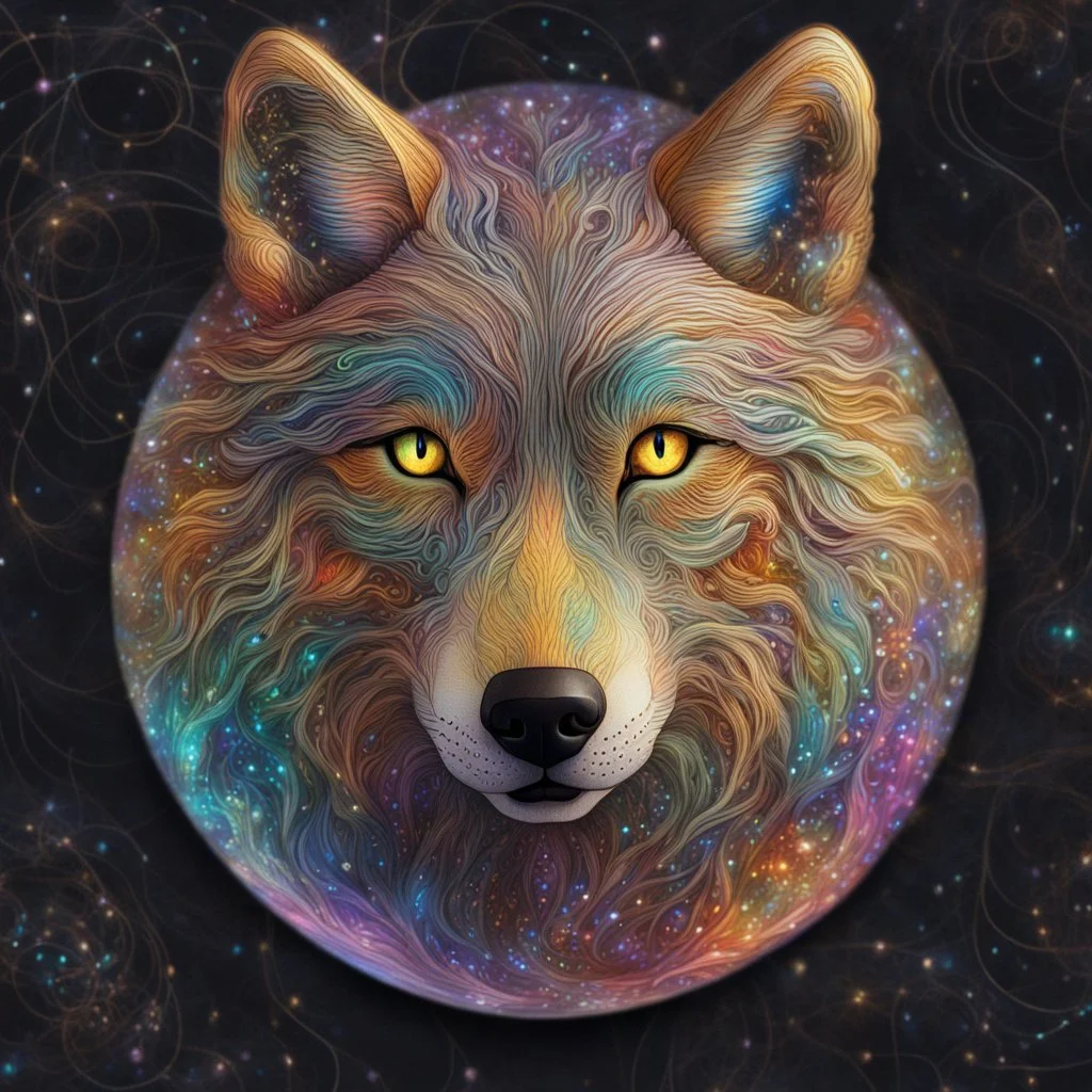 Image of a wolf made up of thousands of very thin glowing lines.Wolf is looking straight at the camera , Symmetrical image, Background is a colorful flowy swirls, golden lines, 3D, alcohol ink effects, sprinkle glitter, pearls, beads. Placed in a glass ball..