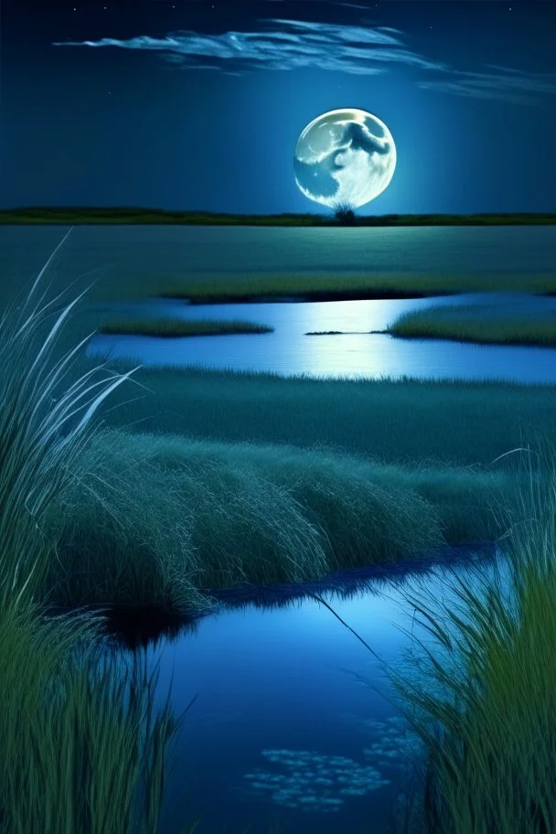 a calming full, blue moon over a grassy field with water