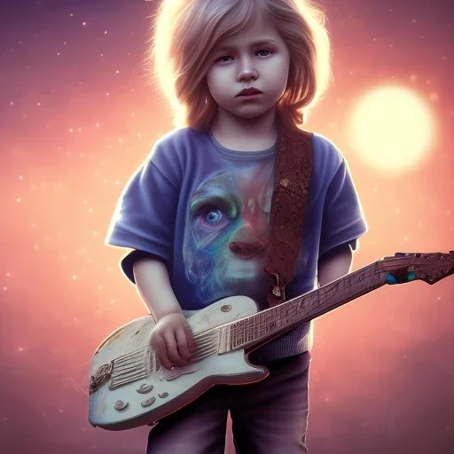 Mystery Kurt cobain toddler, full body, guitar, dramatique, art background, dramatic lighting, volumetric lighting, hyperrealisme, 8k, high quality, lot of details, fit within portrait, hyper realistic, unreal engine 5, uhd