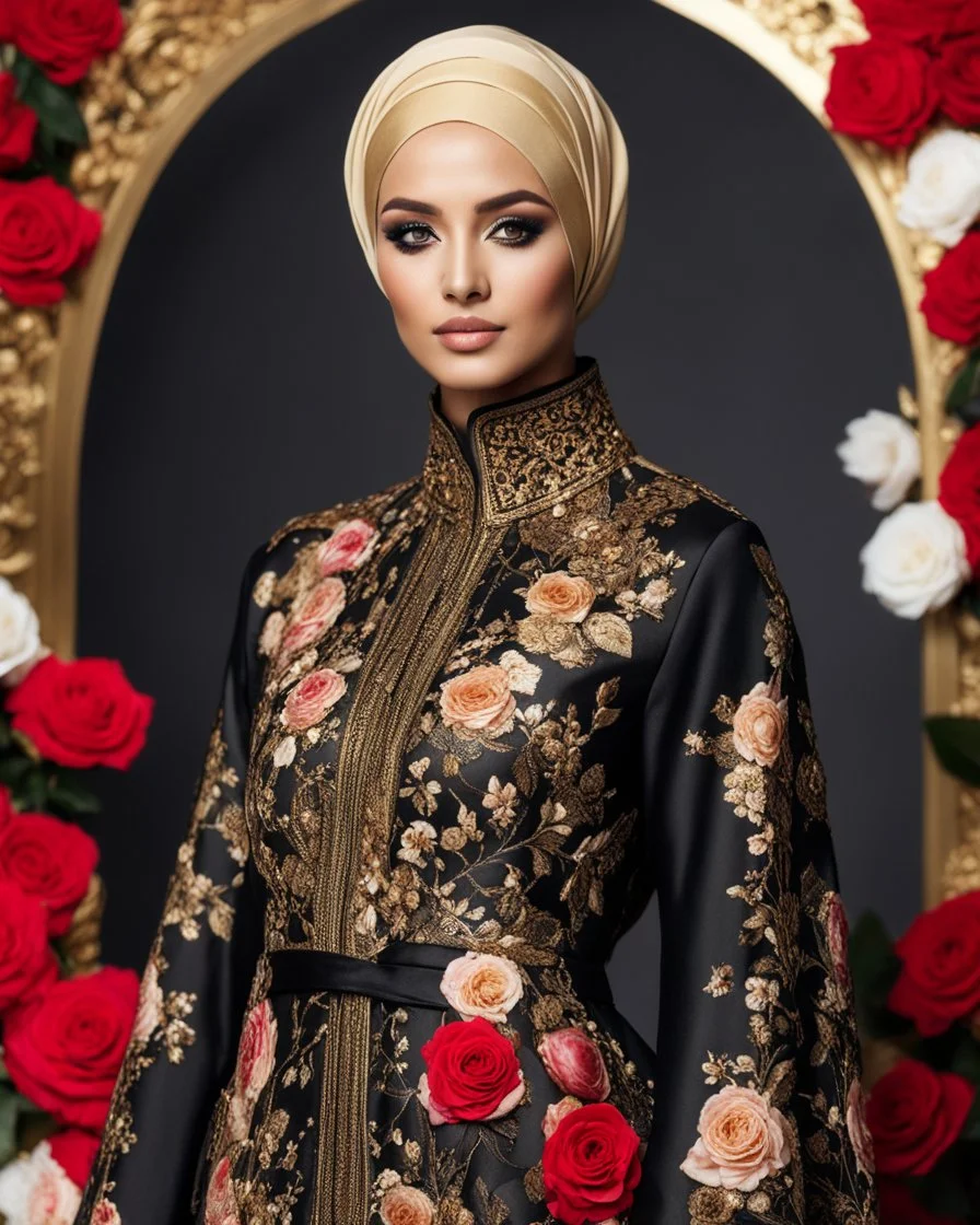 Luxury potrait of a beautiful super model hijab beauty makeup cosmetic,she wearing islamic a luxurious details pattern color gold and black casual jacket with designed large flower details that resemble roses.The dress has an asymmetrical design with one sleeve and a flowing skirt.background of the image shows a red carpet event with floral decorations,close-up portrait