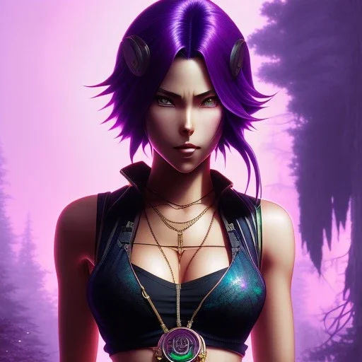 revy black lagoon, purple hair, black tank top, jean shorts, tribal sleeve left arm, portrait shinkai makoto, studio ghibli, studio key, madhouse anime studio, artgerm, lau rossdraws james jean marc simonetti pixiv