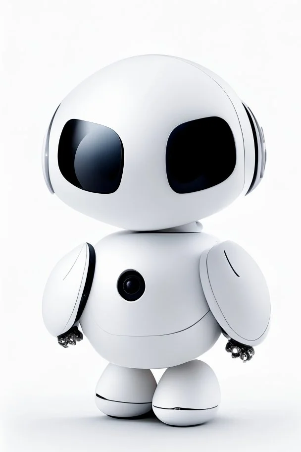 cute minimalistic robot with a big head, small and simple body, oval forms, digital face with pixeled eyes, happy face, head and body as one, white skin, no legs, no feet, integrated painter arm, 3/4 angle, awesome pose, white background