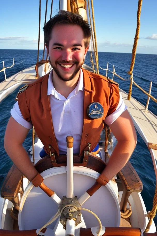 a cheerful sailor sitting on rum barrels aboard a sailing ship at sea, with the ship's steering wheel in the background