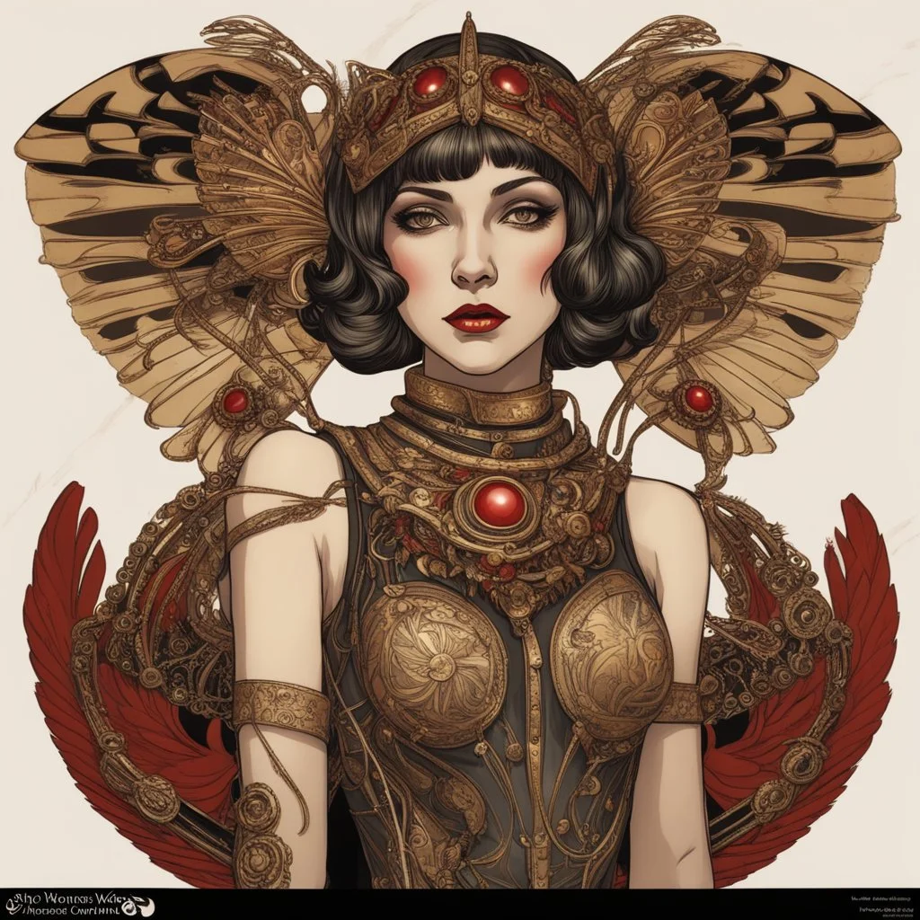 Full Body, Art Nouveau Woman With A Bob With A Fringe Hairstyle, Cleopatra Clothing, Steampunk Metal moth with red wings, Black Background