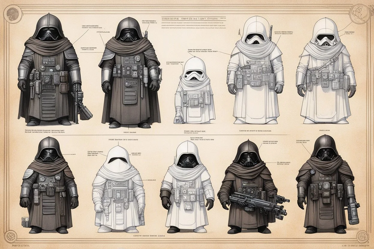 ConceptSheet blueprint [Jawa dwarf by Hans Ruedi Giger]: Star Wars Jawas aligned EDC unpacked equipment for the dunes and trade