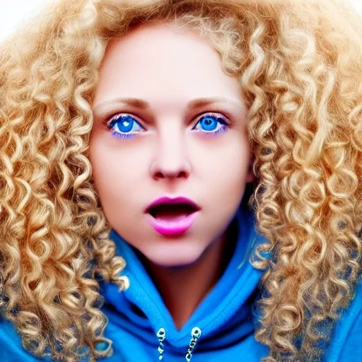 Beautiful portrait of a beautiful lady with blond curly hair, small nose, big blue eyes, wearing a blue hoodie and a gold neckless on her neck. highly detailed and realistic