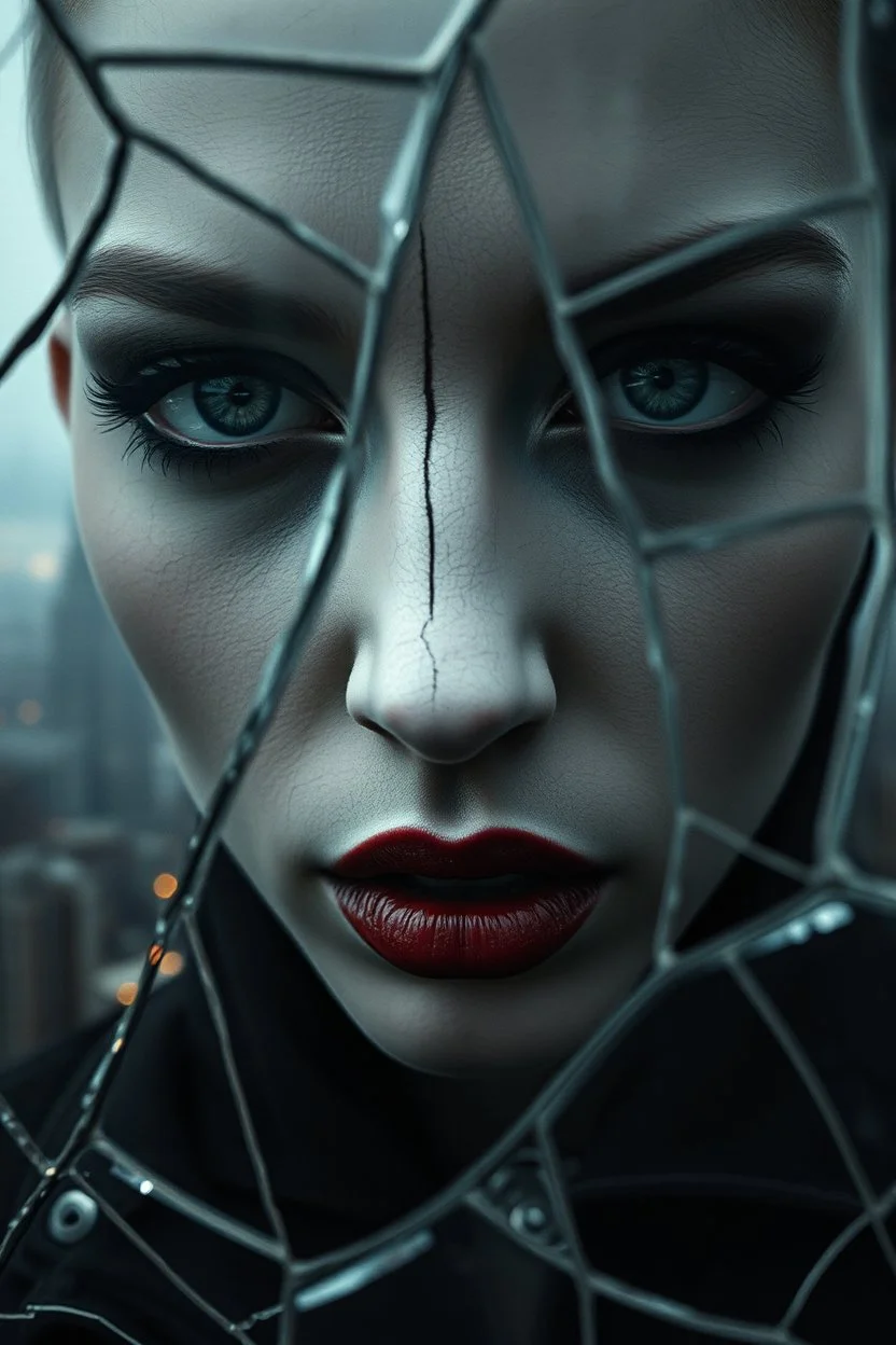 Close-up shot. A cracked pale face deep gaze dark makeup and lips figure through looking a fractured cracked glass pane, revealing glimpses of a surreal hightech cityscape. Hyperrealistic, sharp focus, intricate details, surreal style by Dali, Bosch, Kandinsky, beautifully shot. High contrast, cinematic, dark gloomy, atmospheric, moody. 64 megapixels, perfect compositi