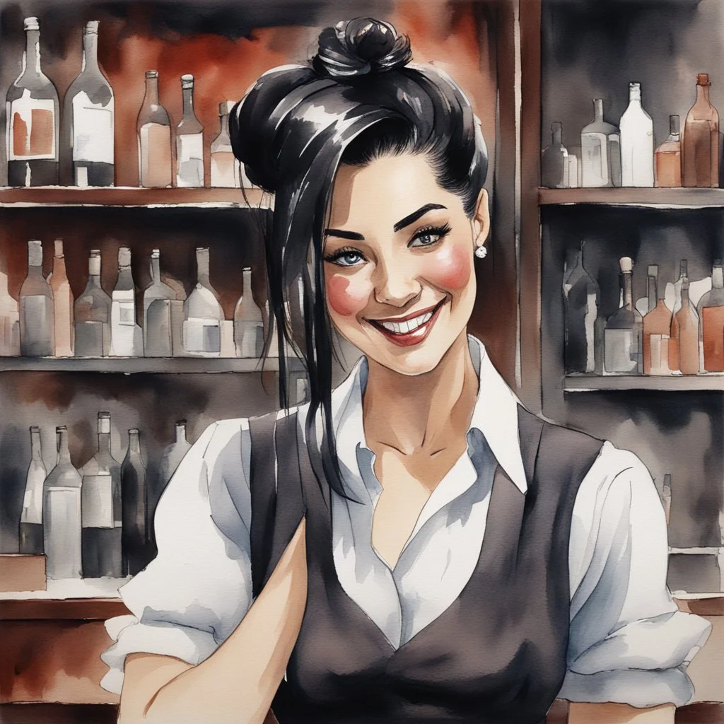 sophisticated smiling female bartender in a Ritzy wine bar, well dressed long black hair worn up in a stylish bun with one lock of hair hanging over her face, dark mahogany bar and shelving, watercolor and ink painting, dramatic, beautiful, smooth, hyperreal