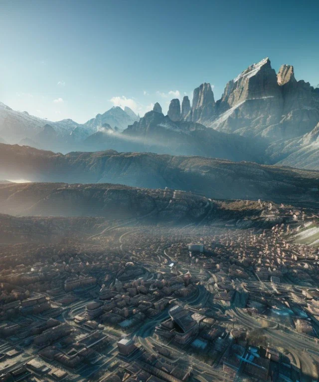 Extreme long shot, Birds Eye view, Alpes skyline, smooth, god rays, unreal engine 5, ray tracing, RTX, lumen lighting, ultra detail, volumetric lighting