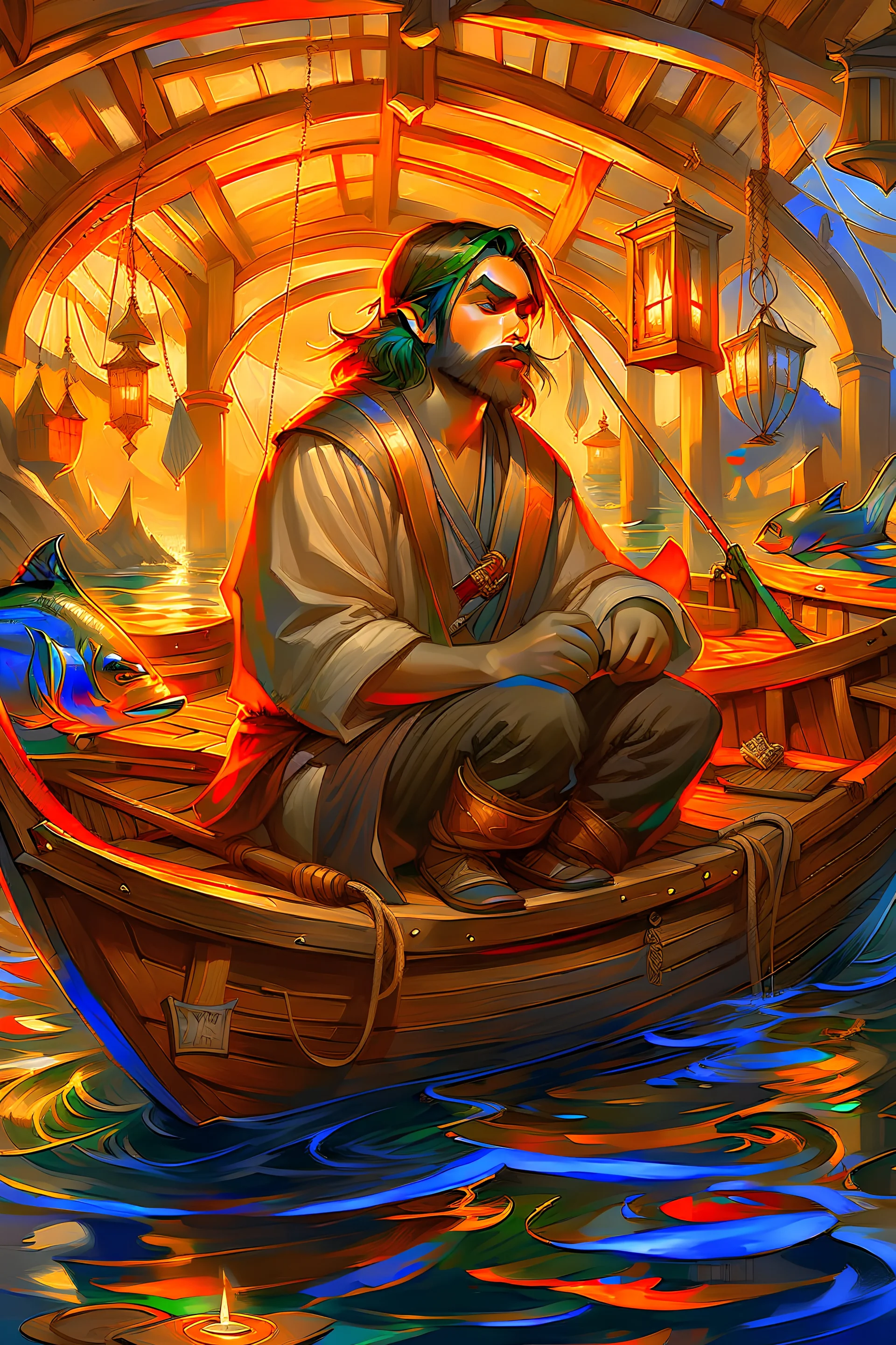a fisherman in a small boat, art by artgerm and greg rutkowski, alphonse mucha, cgsociety, trending on artstation, concept art, highly detailed illustration, 8 k,masterpiece, magnificent, elegant, dynamic lighting, dynamic background