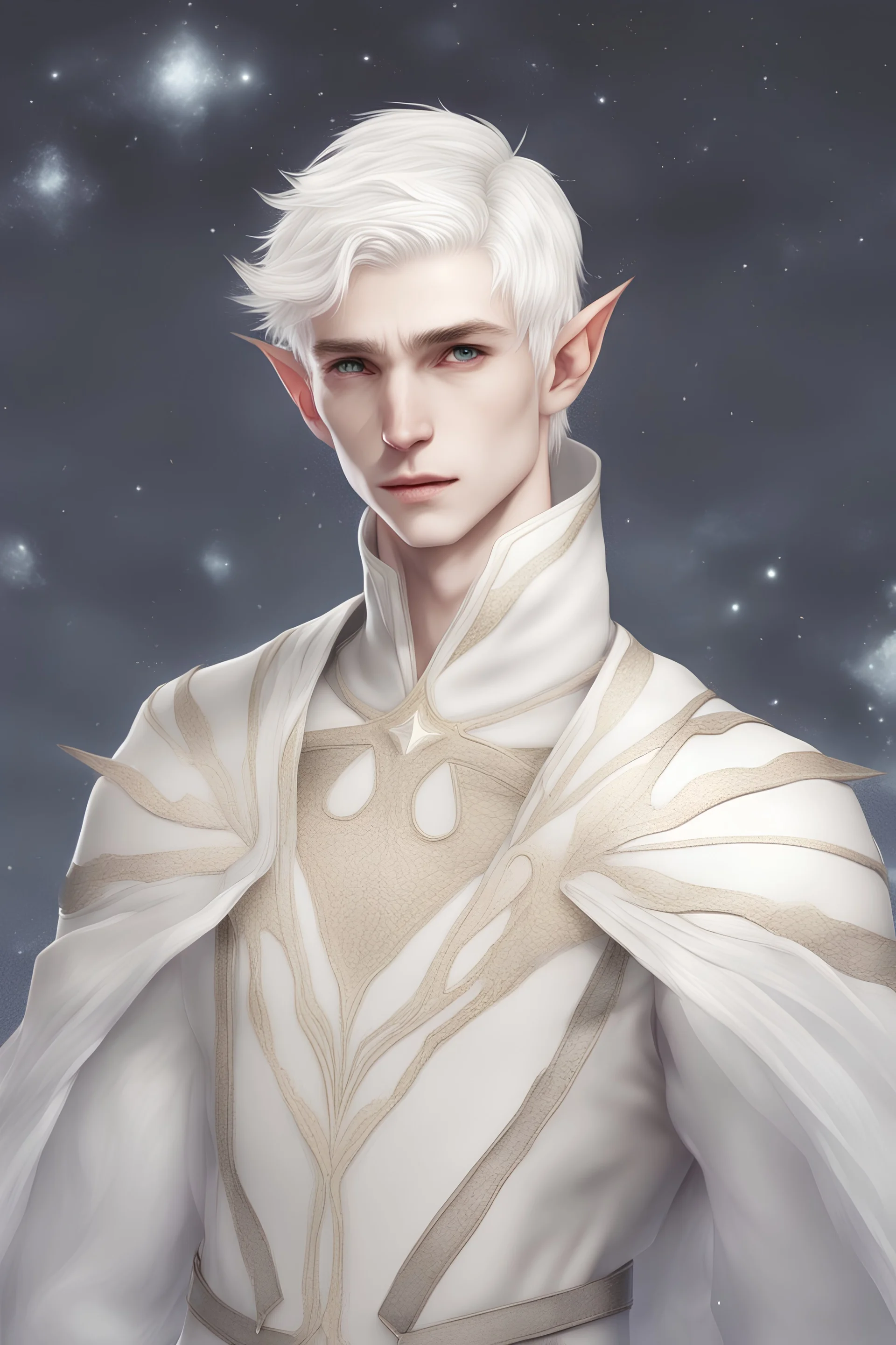 a young male elf, star constelation on his skin, short white hair, celestial white clothing, white eyes