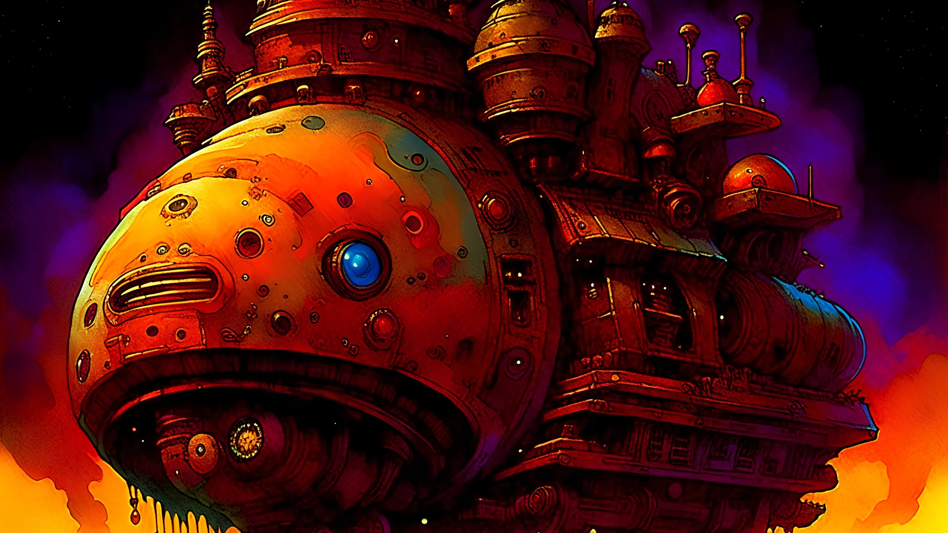 John Harris Style page, dark serious 1990s style, ((masterpiece, best quality)), (((solo))), full color, retro anime style, full color, dark serious 1980s steampunk puzzle box, magic, watercolor,