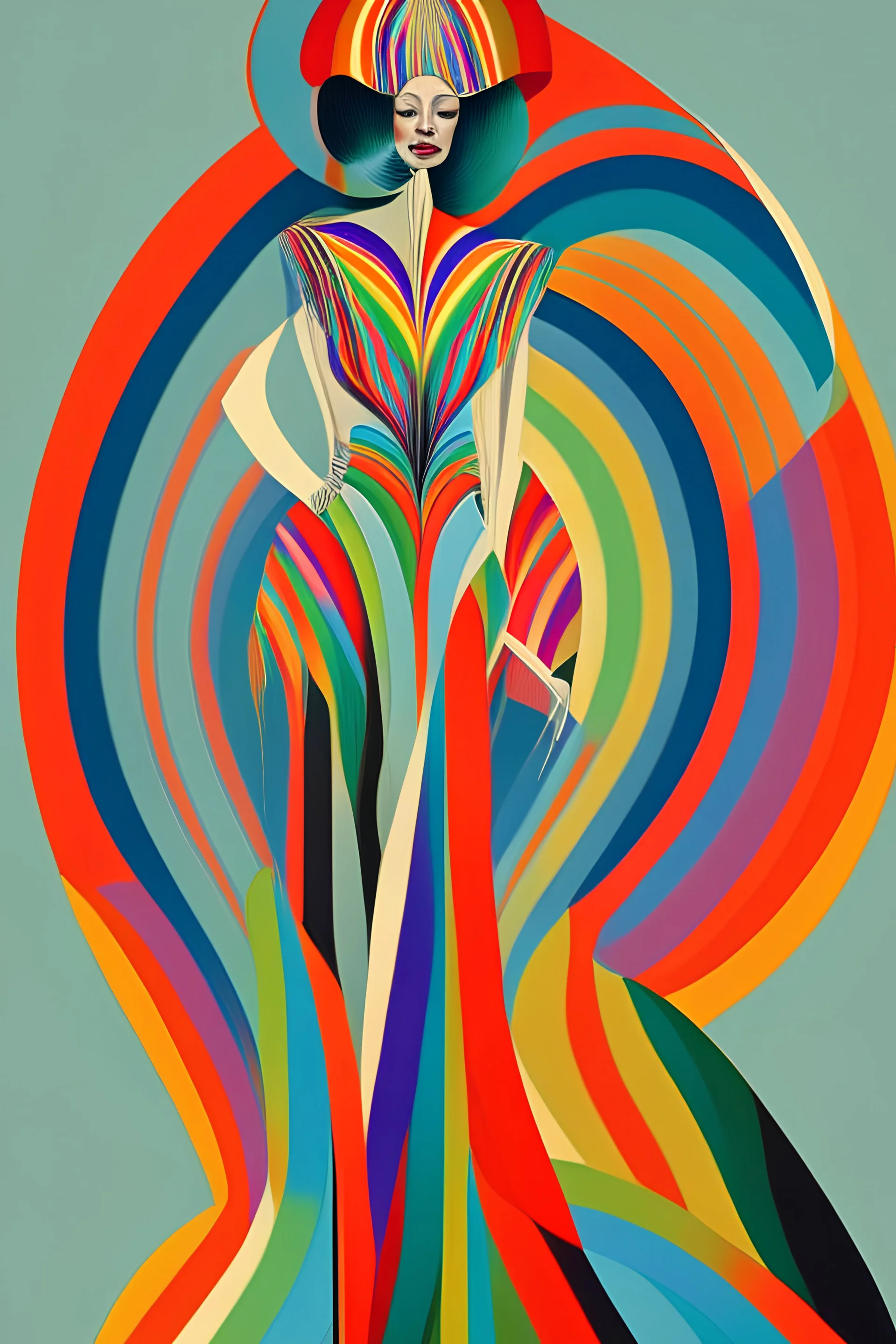 Woman dressed in rainbow prints style of erte