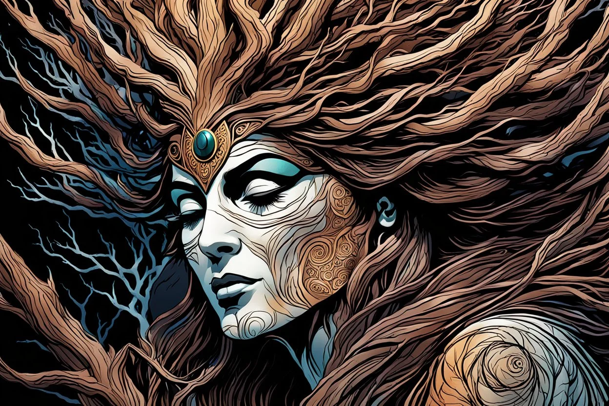 abstract expressionist comic book style illustration of a pagan druid priestess, bristlecone pine sculpture , dark and dry branches, harmony, intricately detailed, closed eyes, highly detailed facial features, ethereal, otherworldly, the smell of the ancient essence of eternity in vibrant natural color