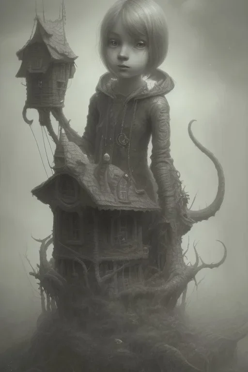 cute girl and litlle monster, Style John Kenn Mortensen,
