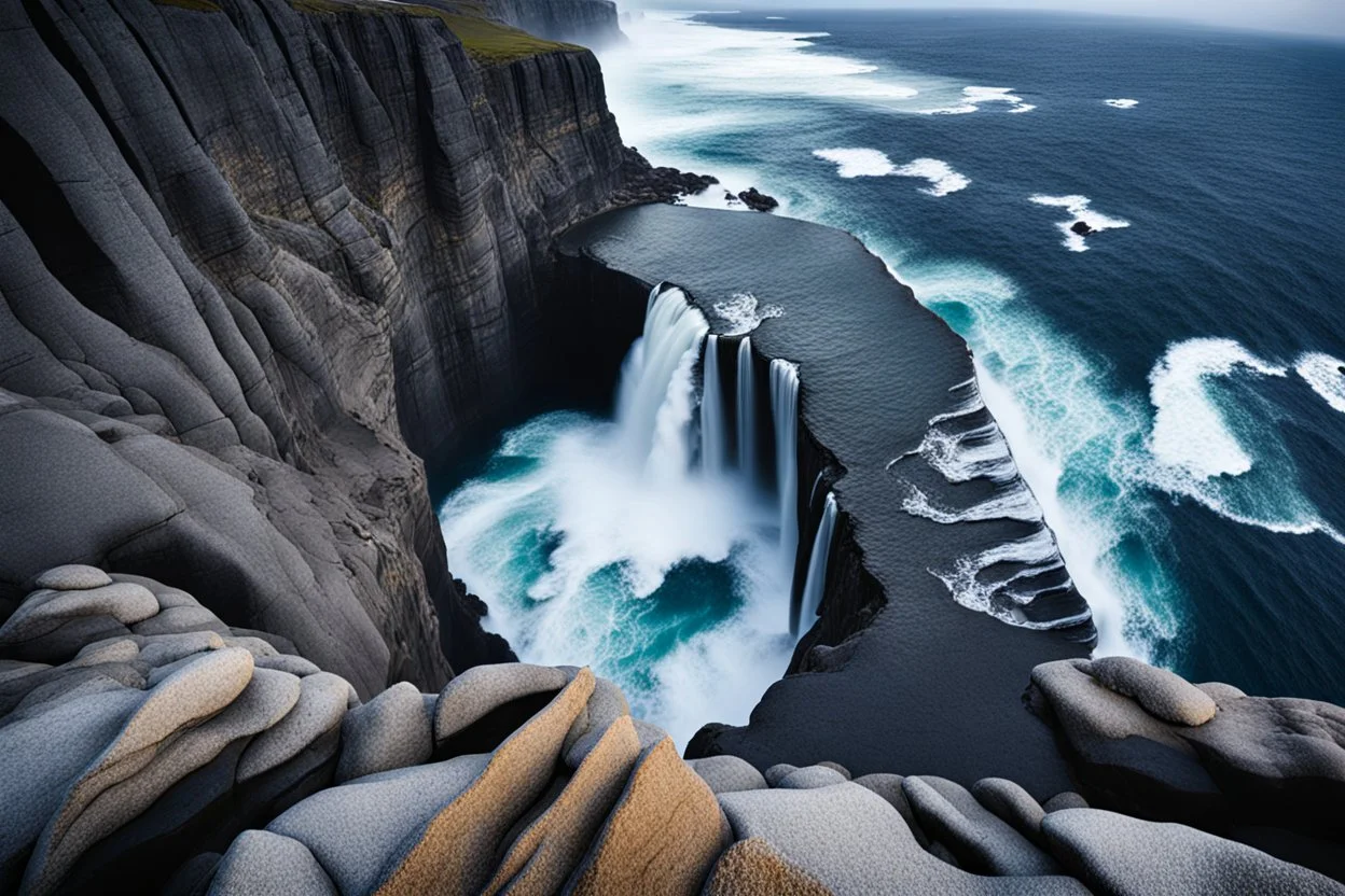 massive intimidating rock cliffs ascend all around and further up out of view. far below, the stormy ocean swirls intimidatingly. The ocean water falls off a waterfall down into a circular pit