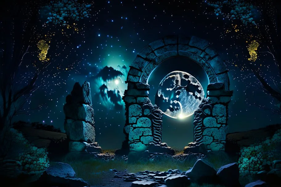 Stone moongate glowing at night under a full moon dark fantasy