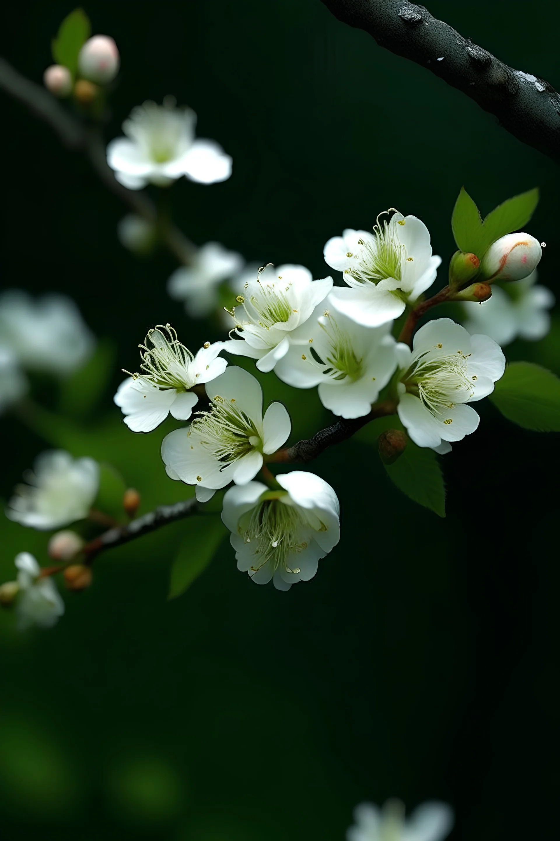 The image shows a branch of a tree with delicate white flowers. The branch is covered in snow, which creates a beautiful contrast with the white flowers. The flowers are open and in full bloom. The petals are delicate and look like they are made of porcelain. The leaves are a deep green color and provide a nice backdrop for the flowers. The background is a soft blue color, which helps to make the flowers stand out. The overall effect of the image is one of beauty and tranquility.