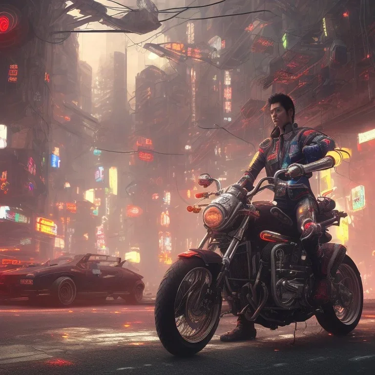 cyberpunk far way man in kaneda bike, highly detailed global illumination, detailed and intricate environment