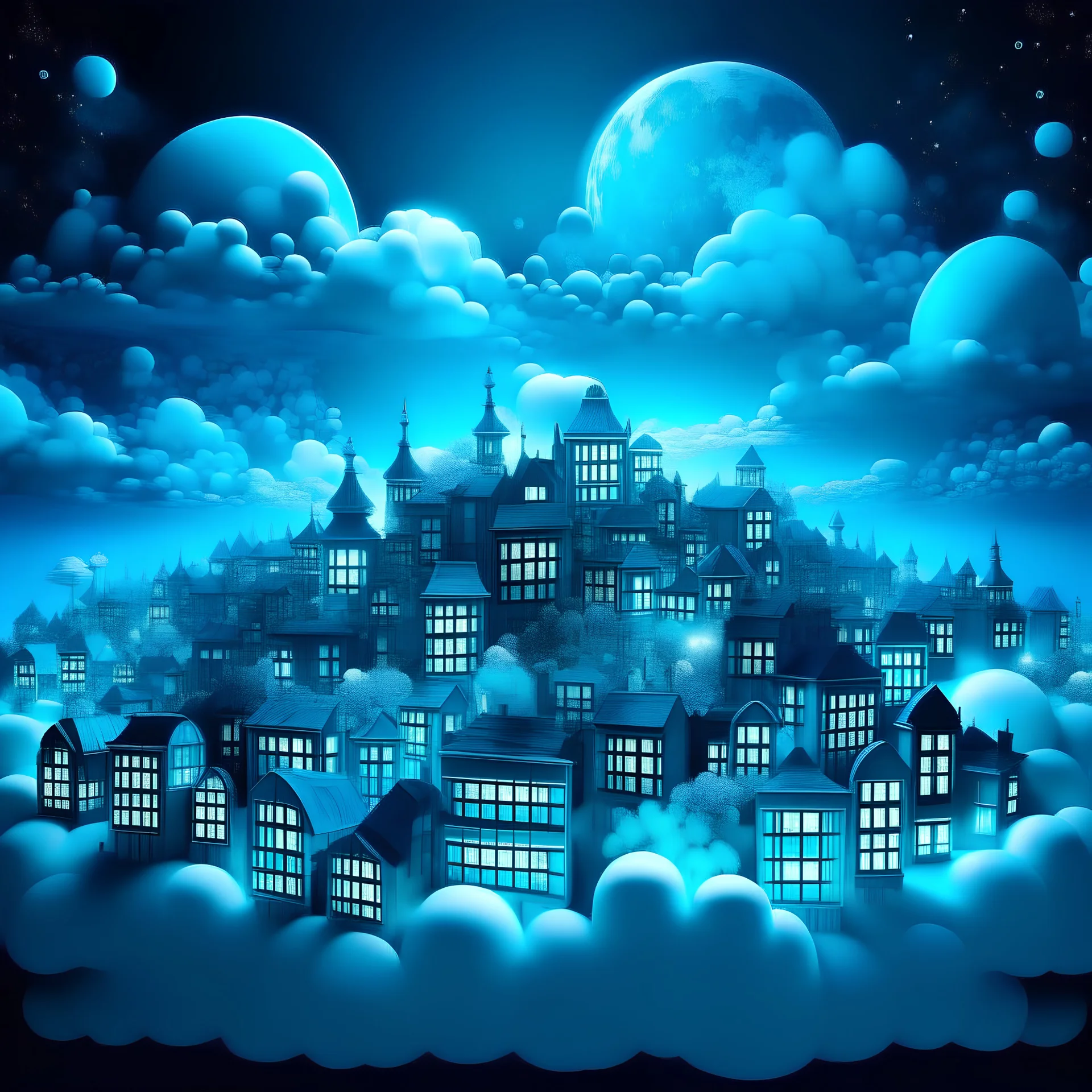 A cyan city in the sky at night made out of clouds designed in German folk art