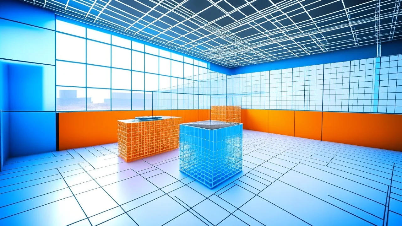 Create a visually striking image of a futuristic office with a digital wireframe and 3D cubes. Employ a futuristic photography style, emphasizing sleek and modern elements. Infuse the composition with a color palette of light blue and orange to enhance the harmonious atmosphere. Achieve a captivating blend of the digital wireframe and three-dimensional cubes, offering a forward-looking representation of the office environment.