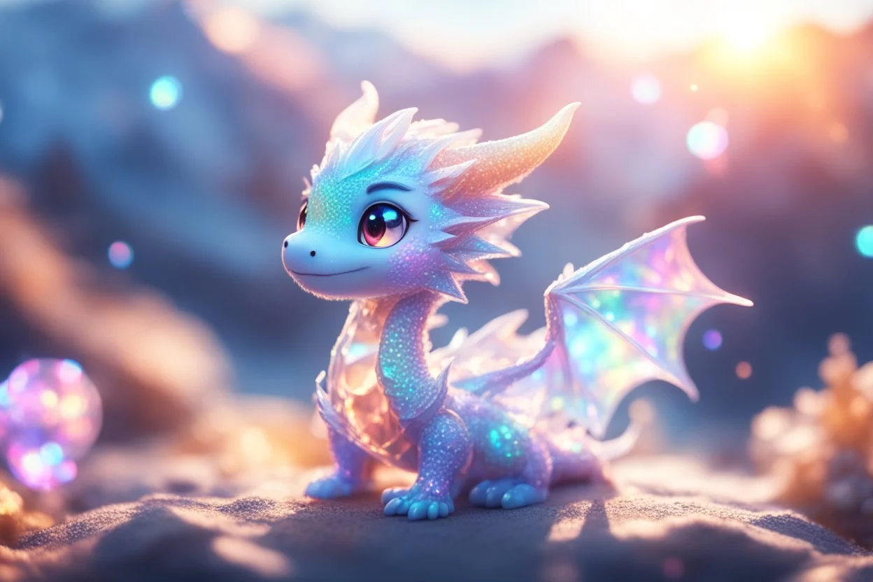 cute chibi anime little dragon, holographic, transparent sparkling crystal mountains in sunshine, ethereal, cinematic postprocessing, bokeh, dof