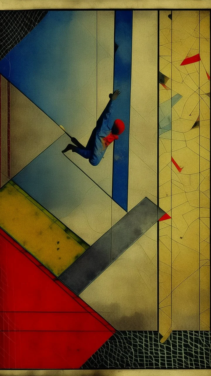 aerial view of the devil's servant hilariously falling down the slide of madness, background with paul klee texture, polaroid in the Jasper Johns Style