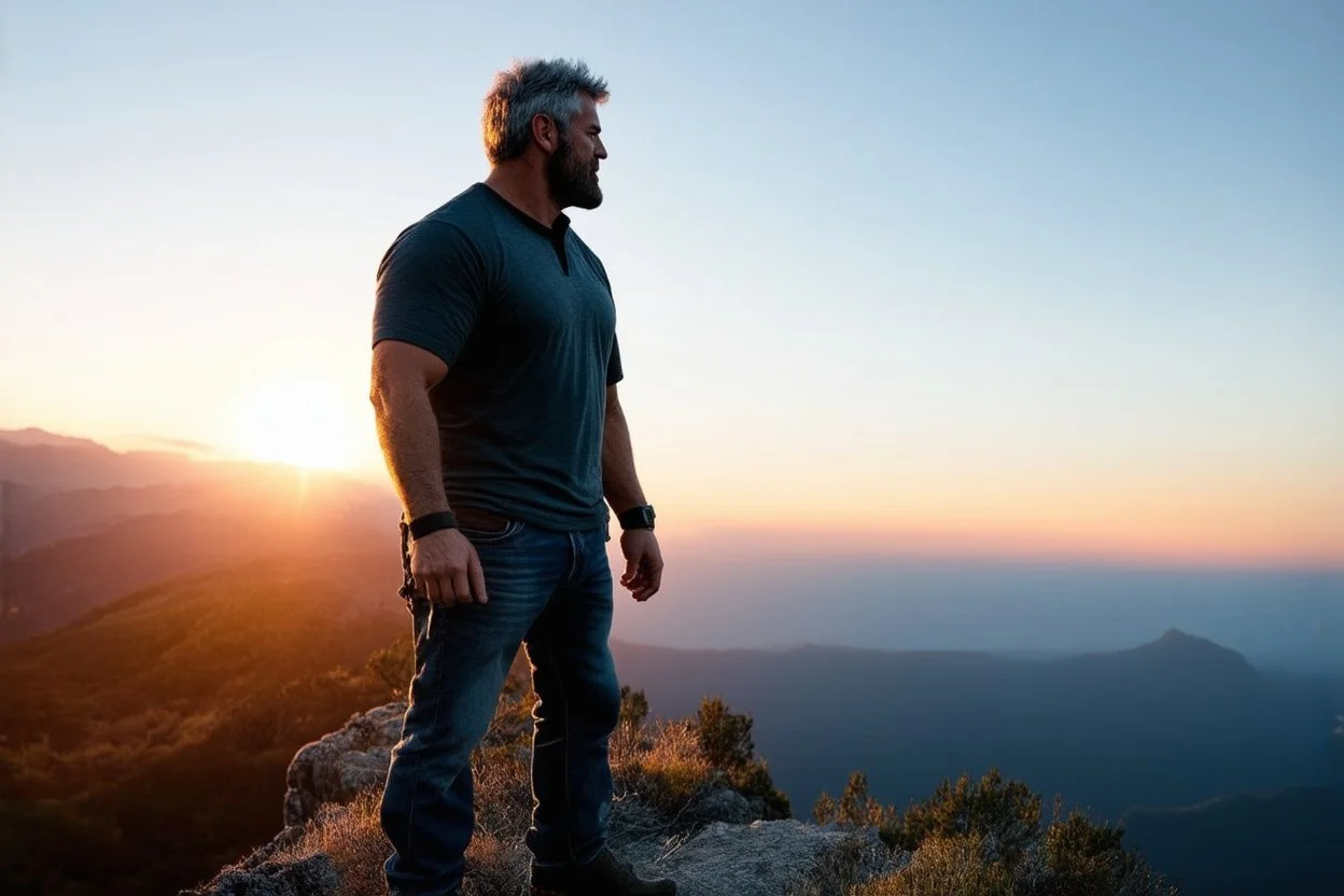 a brawny man with grey hair views sunset from a cliff