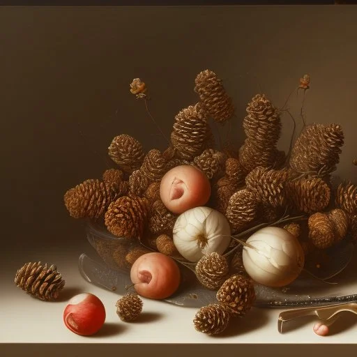 a realistic still life graphite drawing of pine cones in the classical style of Pieter Claesz, Jan Jansz. van de Velde and Anthonie Leemans