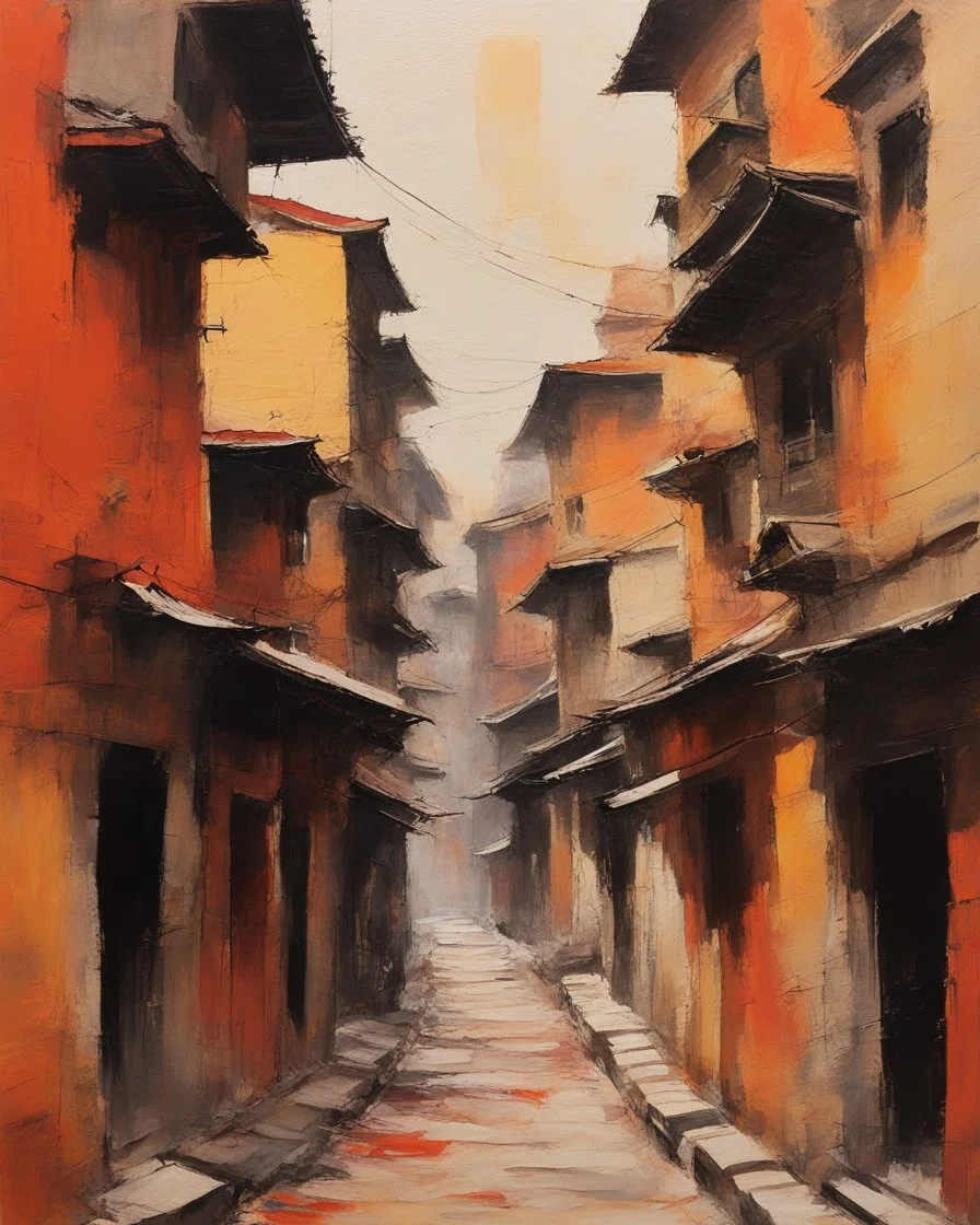 bustling medieval Kathmandu street, thick impasto painting, centered, minimalist, thick sparse brushstrokes, bold colors of orange, beige, yellow, red and black, sporadic tint ink leaks, perfect verticals, amazing parallel