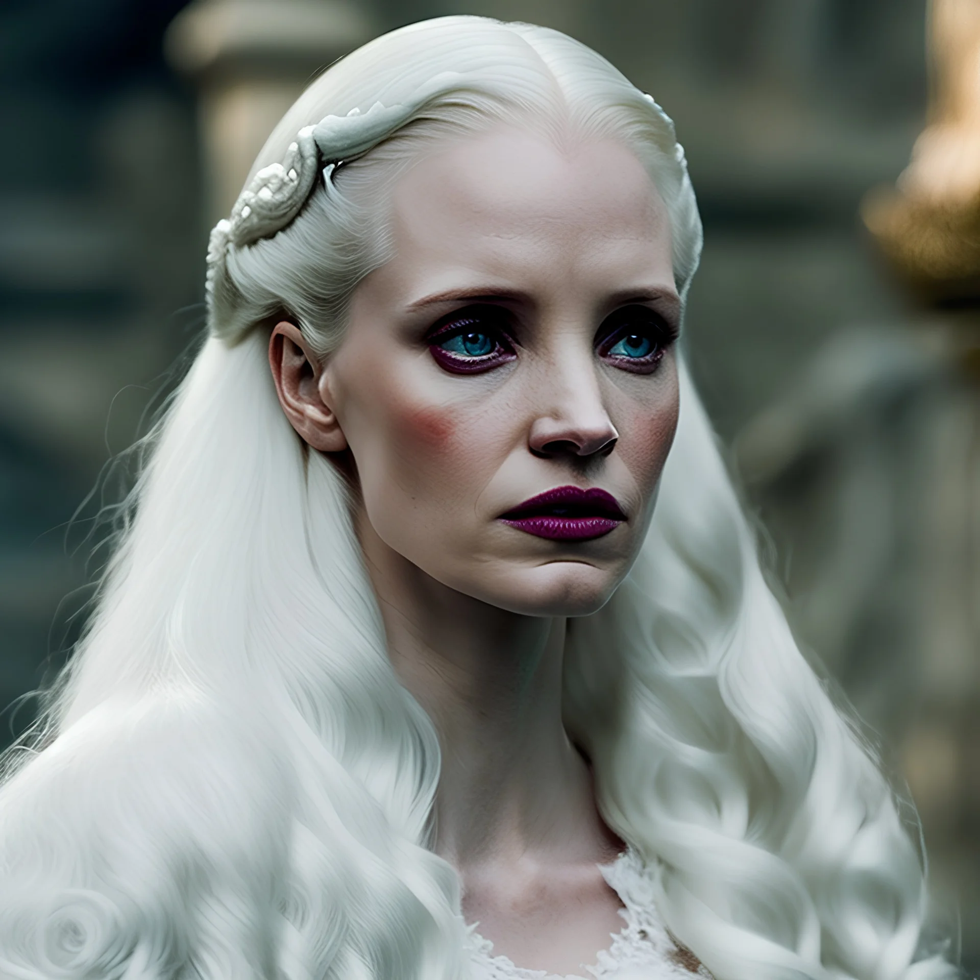 Jessica Chastain, white hair, Targaryen, snow