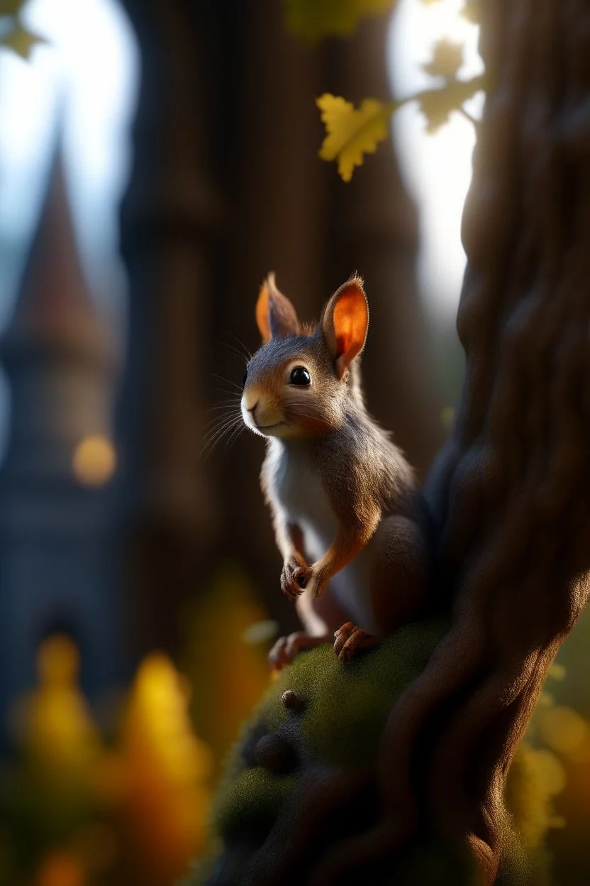 portrait of squirrel elf in castle tree, bokeh like f/0.8, tilt-shift lens 8k, high detail, smooth render, down-light, unreal engine, prize winning