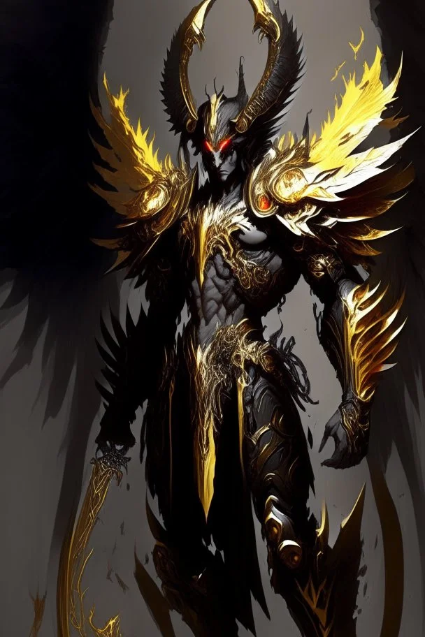 an image of a demonic creature with wings, archaon the everchosen, ornate supreme demon overlord, diablo digital concept art, diablo concept art, epic exquisite character art, omen from valorant, concept art of omegamon, angelic golden armor, infernal art in good quality, dark fantasy character design, black and golden armor, saint michael the angel