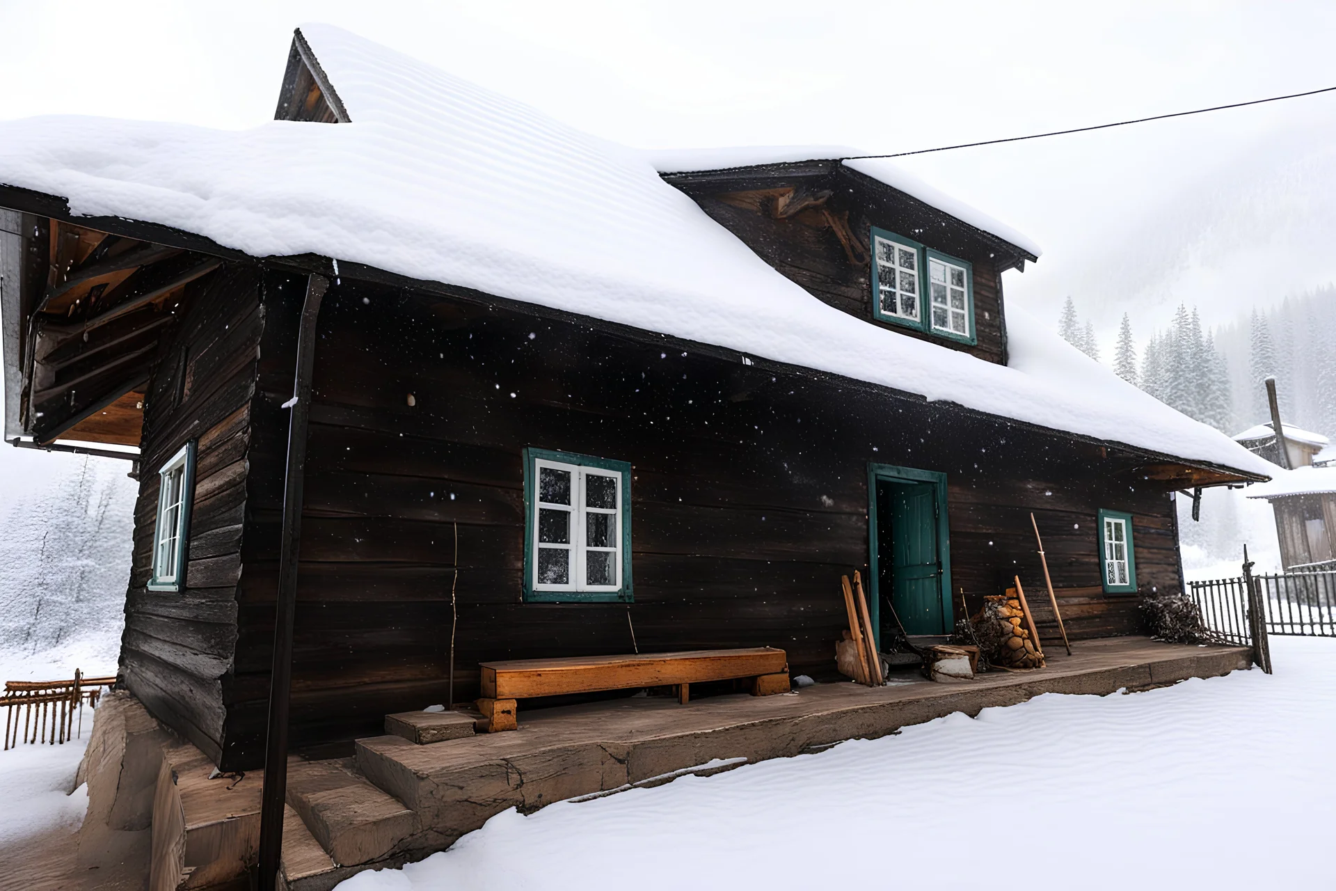 Snowy cabin in the mountains with a scary atmosphere and deers around the cabin