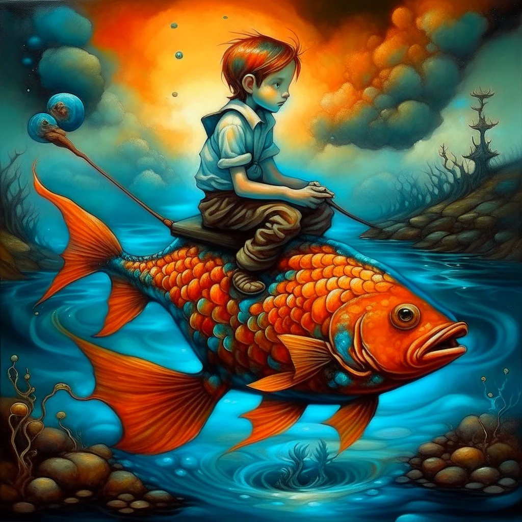 dreamlike, Esao Andrews-esque scene where a barefoot boy in tattered overalls rides atop a colossal, iridescent koi fish through a surreal twilight lagoon, his arms wrapped around the fish's sleek, glistening body as if it were a trusty steed. The fish's scales shimmer with impossible huespearlescent blues melting into burnt orangeswhile its fins fan out like delicate silk banners torn from some celestial tapestry. Around them, the water refracts into liquid prisms, distorting reflections of gna