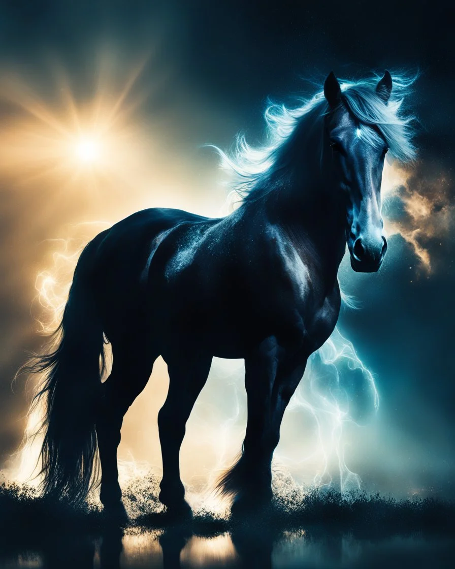 Fascinating double exposure masterpiece. The foreground features a captivating silhouette of a mysterious and glowing horse, exuding an enigmatic and otherworldly energy. Ethereal lighting. The harmonious mix of its serene nature intertwines with the captivating silhouette, creating a scene of incomparable beauty. 8k resolution. Conceptual art