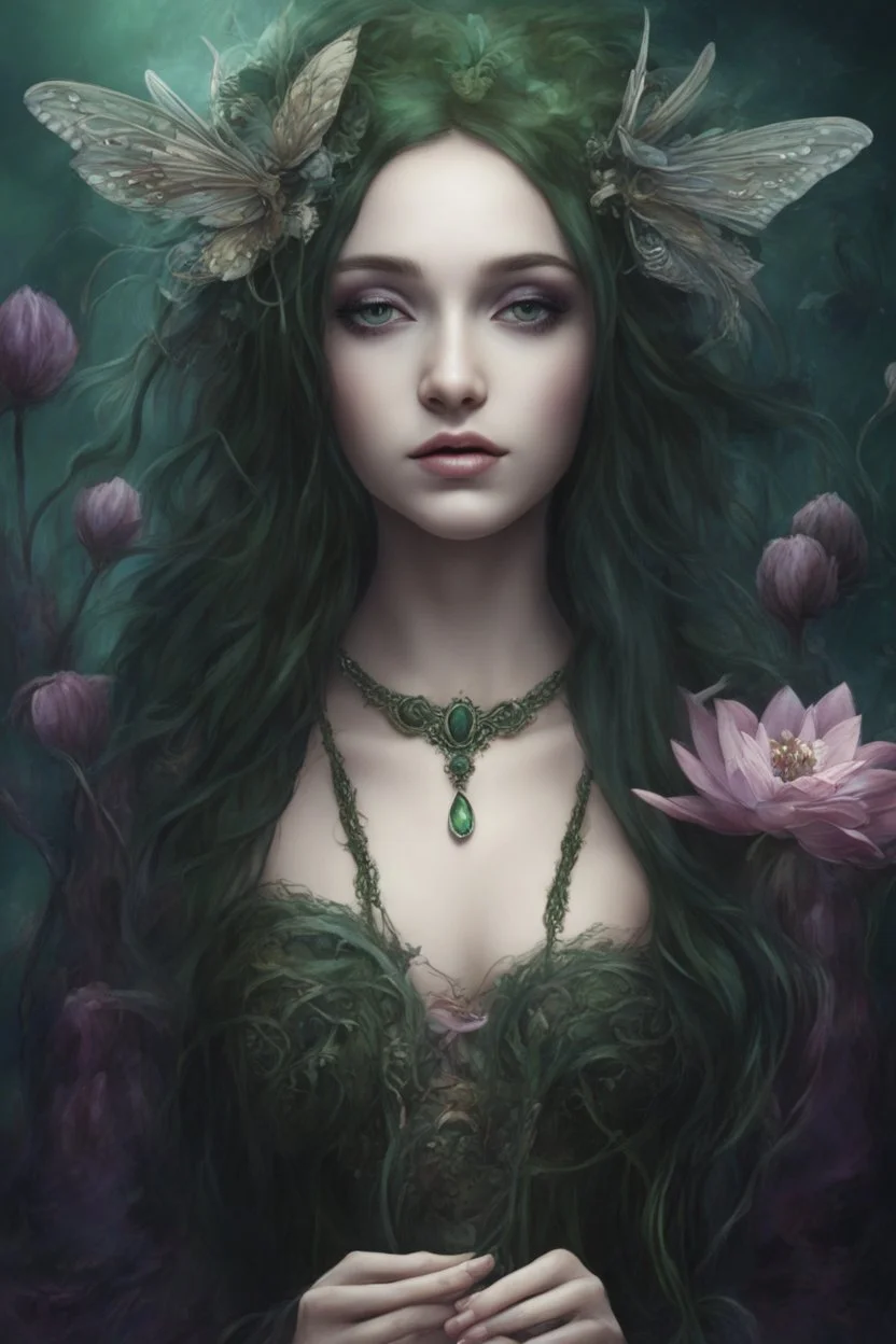 Dark green hair Water lilies long hair lotus night Fairy princess rapunzel hair queen crown dragonflies fireflies elven tiara flowers fairy wings gothic purple