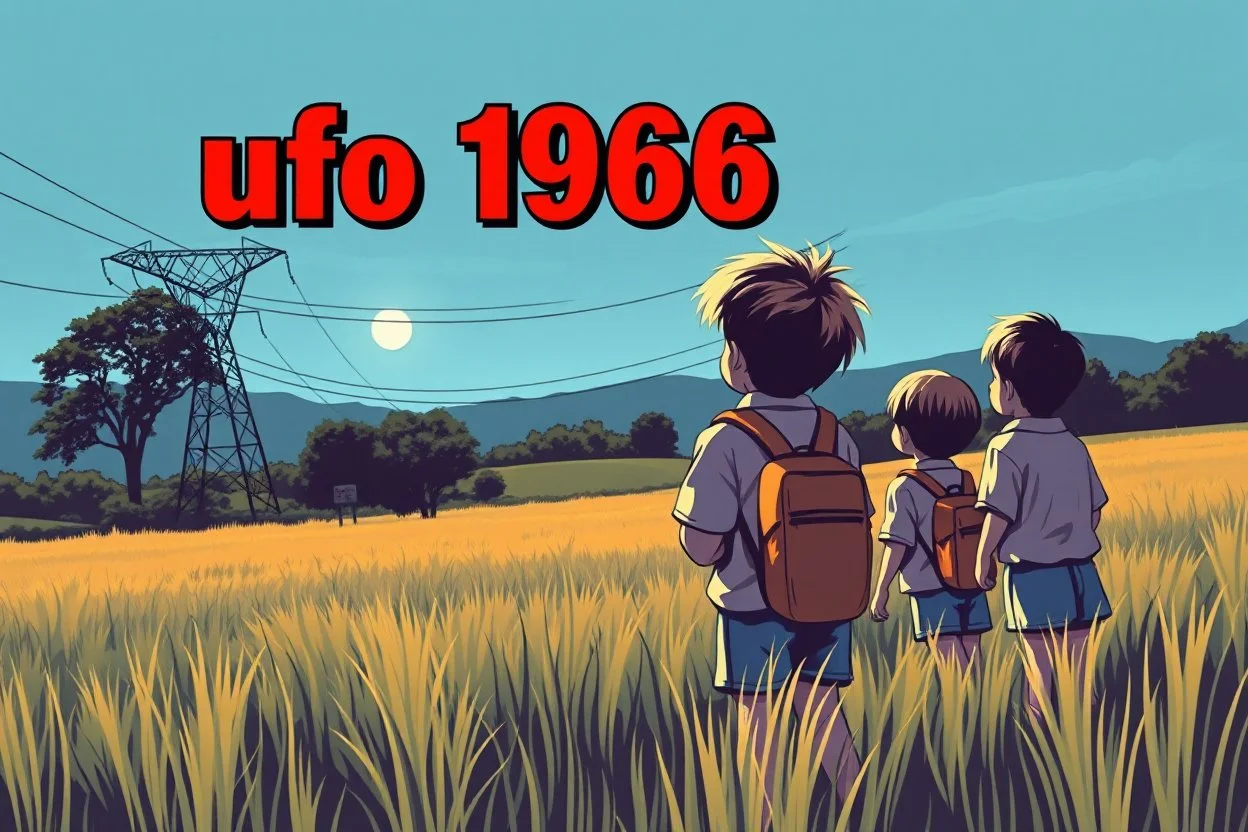 bumper sticker design in long rectangle, westall in bold heading text ufo 1966, lots of school children looking up in a field with high voltage powerline and gumtree's, mysterious cool, bold