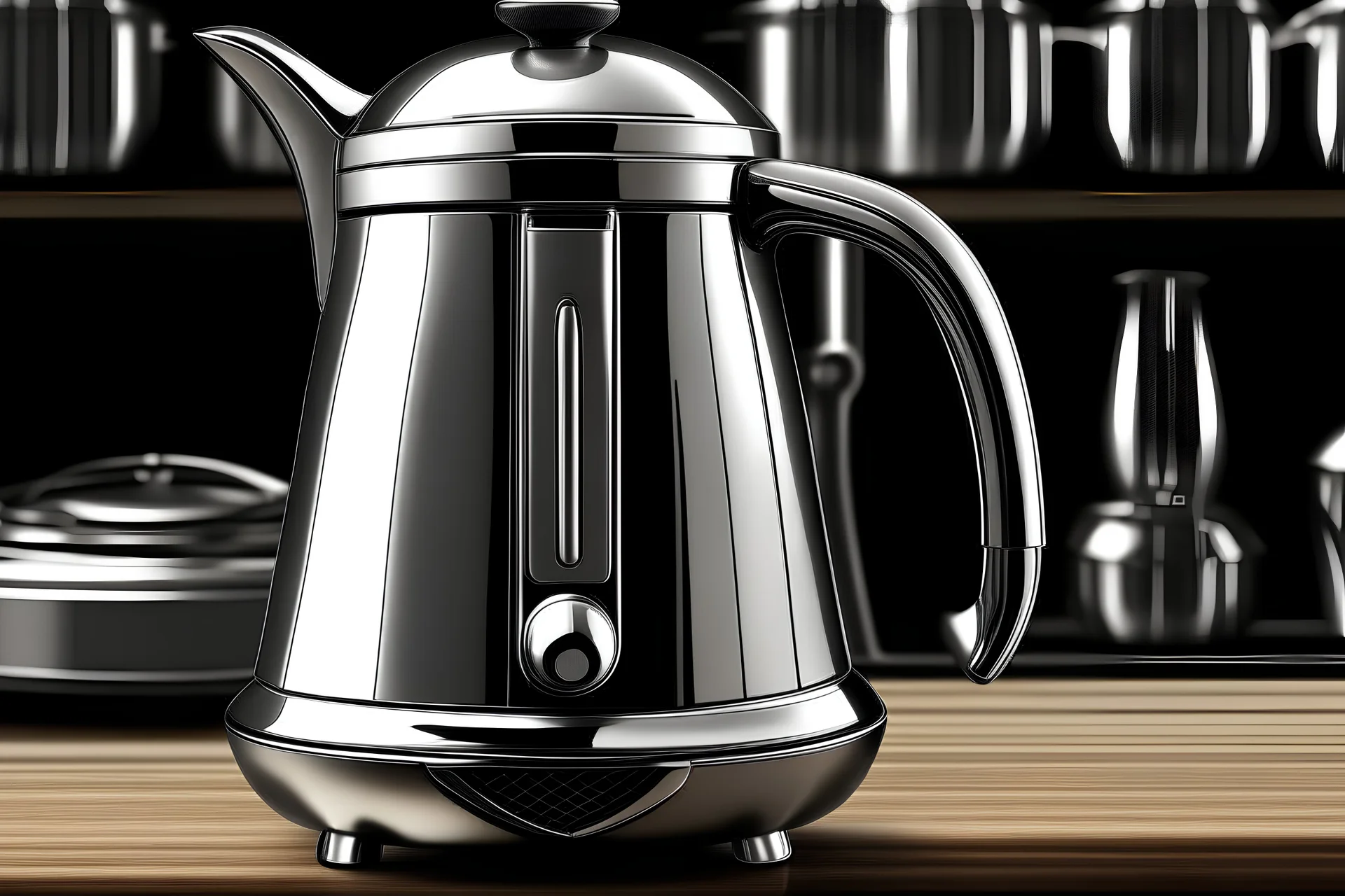 Create a picture of Farberware coffee percolator placed on a kitchen shelf. create picture from wide angle