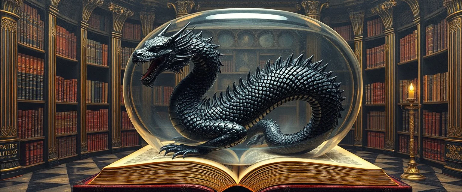 master oil painting by Escher and Giger, ancient library book obsidian fluffy chrome black serpent dragon inside huge transparent vase and with gold, master 3d models, book of the dead