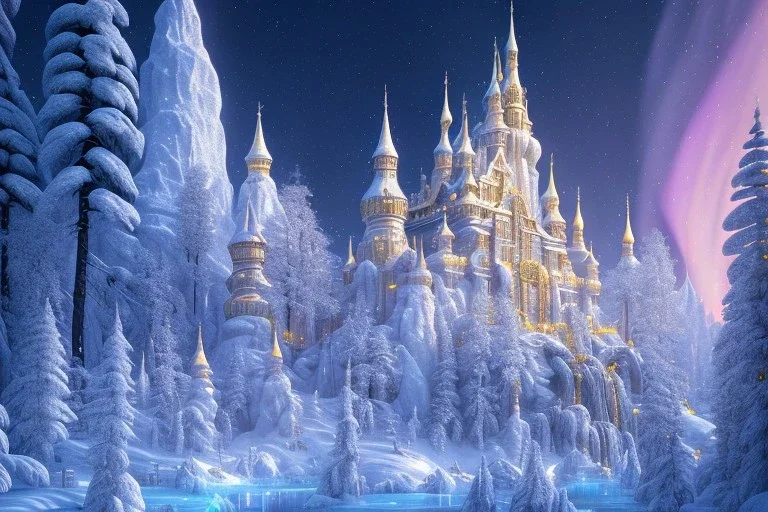  white and gold crystal castle，waterfall, winter snow flakessnow, northern Lights, full of details, smooth, bright sunshine，soft light atmosphere, light effect，vaporwave colorful, concept art, smooth, extremely sharp detail, finely tuned detail, ultra high definition, 8 k, unreal engine 5, ultra sharp focus