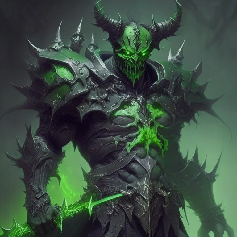 demonio de armadura verde y negro con una espada negra incrustada en su pecho